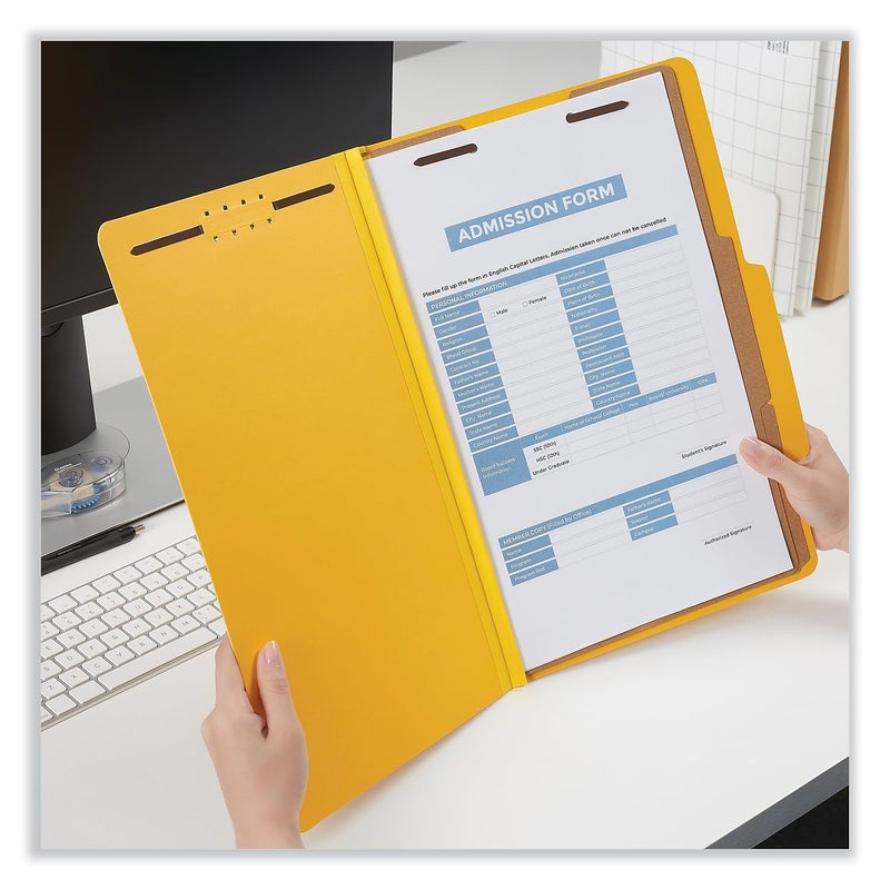 Universal Bright Colored pressboard Classification folders, 2" Expansion, 2 dividers, 6 Fasteners, Legal Size, Yellow Exterior, 10/Box - Image 4